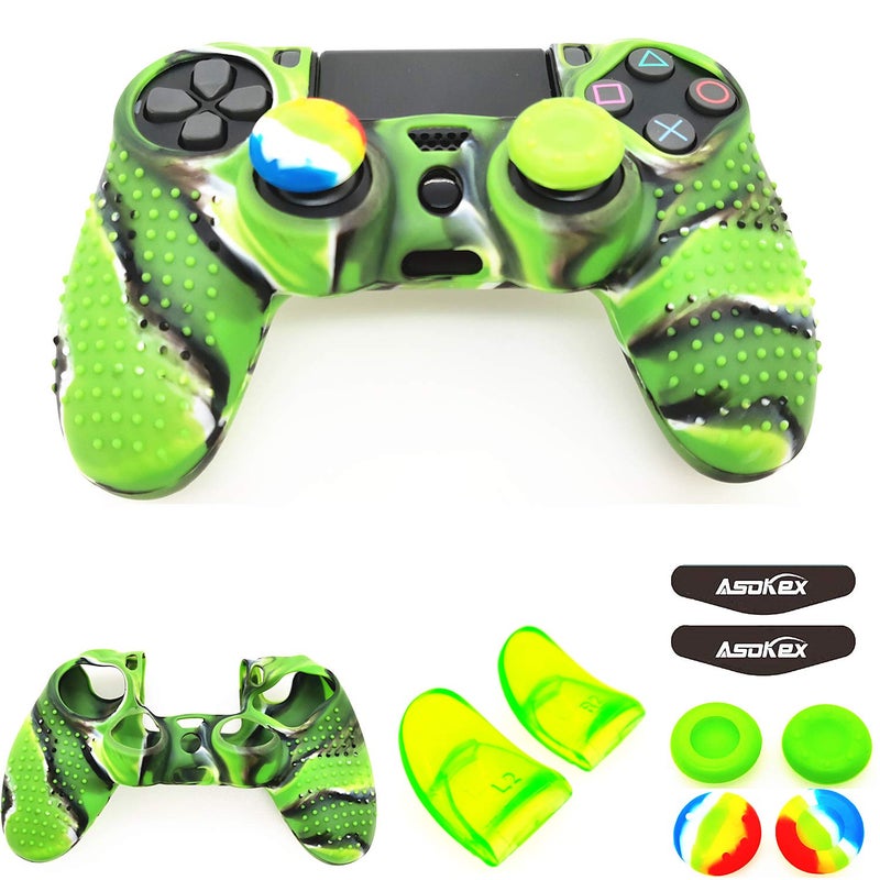 Asokex Silicone Skin Cover for Ps4 Controller (1pc Anti-Slip Case, 1 Pair L2 R2 Trigger Extender, 4pcs Thumb Grips,4pcs LED Light Bar Decal) Protector for DualShock PS4/ Slim/Pro Controller (Green granular) - Image 1